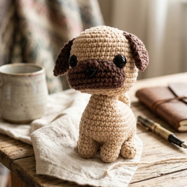 Le doudou carlin posé sur une table en bois